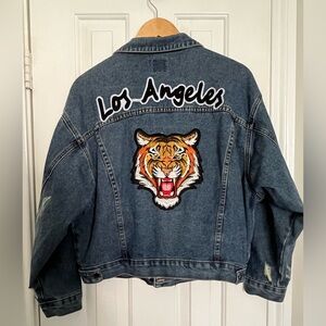 Womens Medium Denim Jacket with Embellished Tiger patch